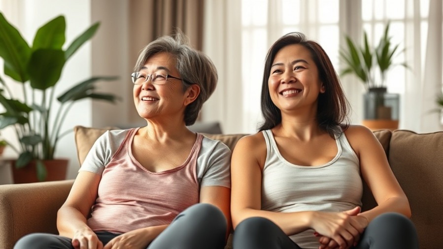 Two women enjoying an active lifestyle for seniors in a cozy, plant-filled living room.