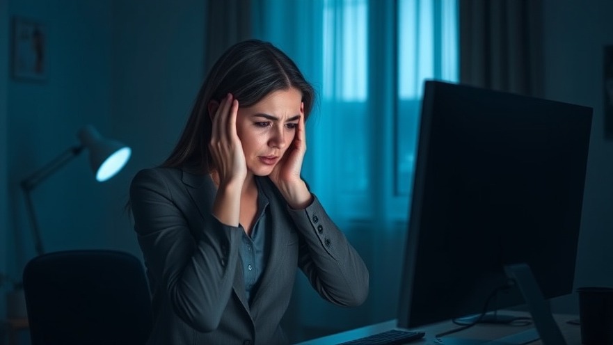 Frustrated woman in a dim room, hands on head, working on a computer.