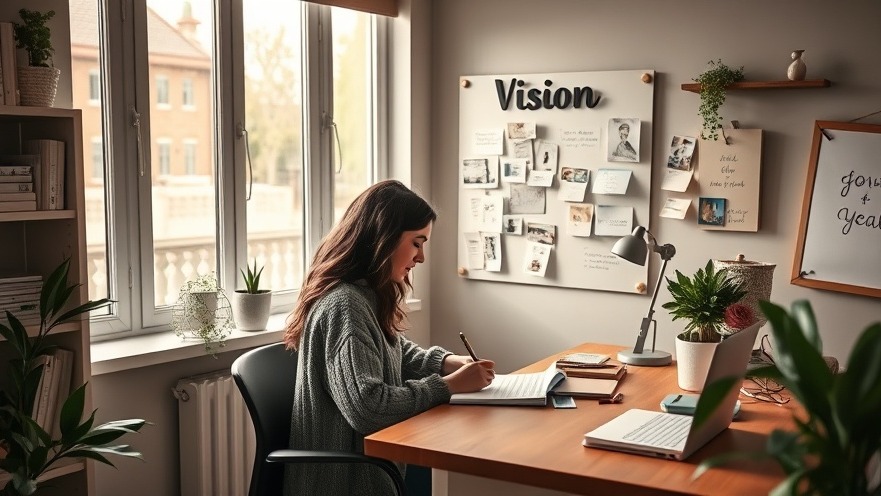 Cozy workspace with vision board showing how to visualize goals and intention setting.
