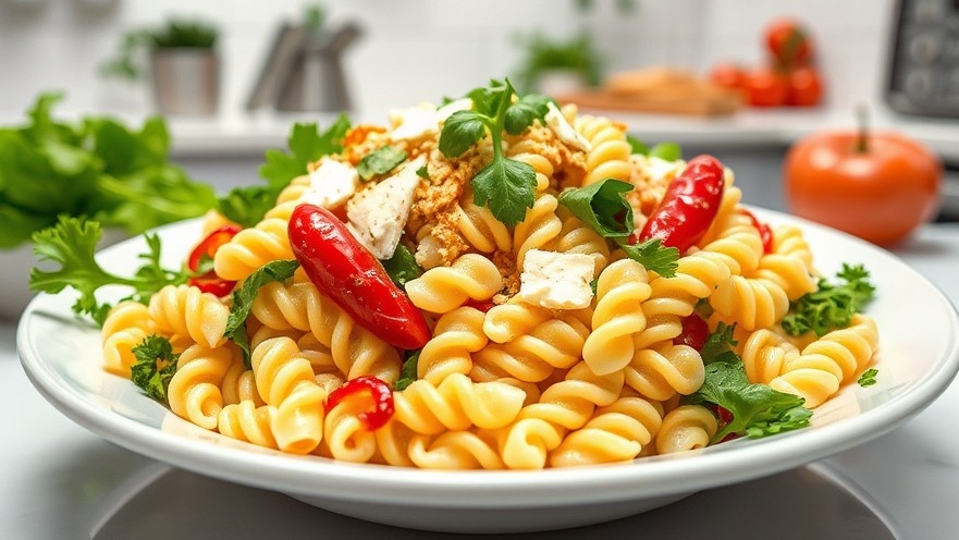 Vibrant Vegan Pasta Salad with rotini, chili crisp, and fresh greens.