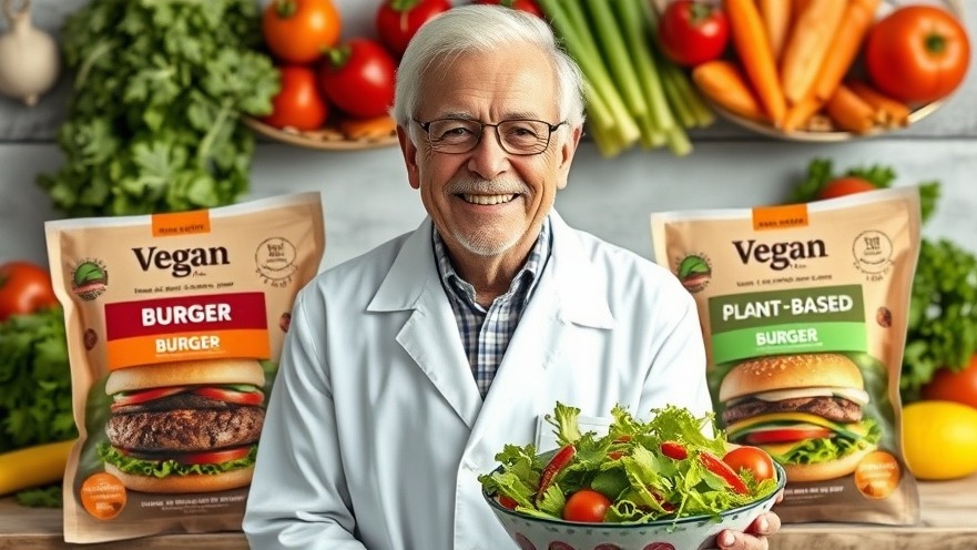 Smiling older man with plant-based foods, promoting healthy eating and longevity diet.