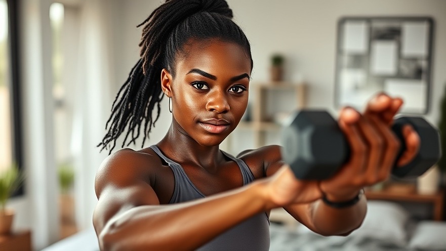 Focused Black woman working out at home, showcasing fitness community and daily 5 minute workouts.