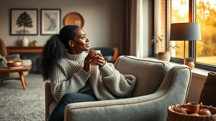Cozy Black woman enjoying autumn wellness tips in a warm, inviting living room.