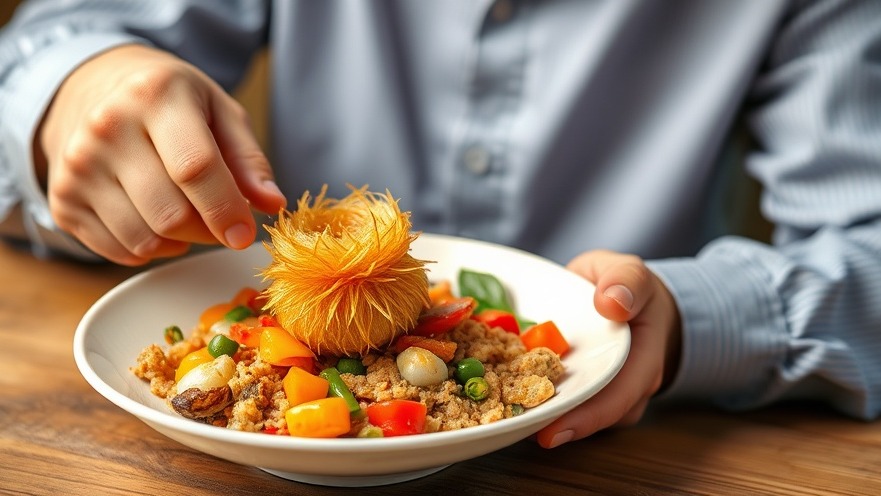 Photorealistic dish of colorful vegetables and crispy taro nest, highlighting Chinese cooking traditions.