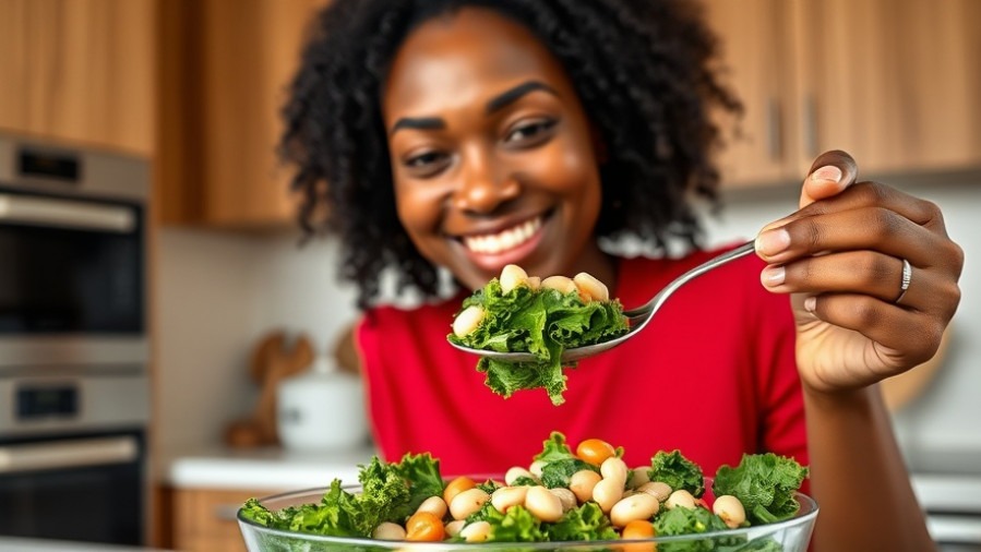 Black woman enjoying fiber-rich recipes with kale and beans in a modern kitchen.