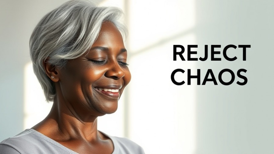 A serene Black woman with silver hair radiates calm in a peaceful space. Reject Chaos.