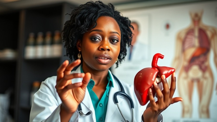 Confident Black woman doctor presenting liver health and weight loss insights with a model.