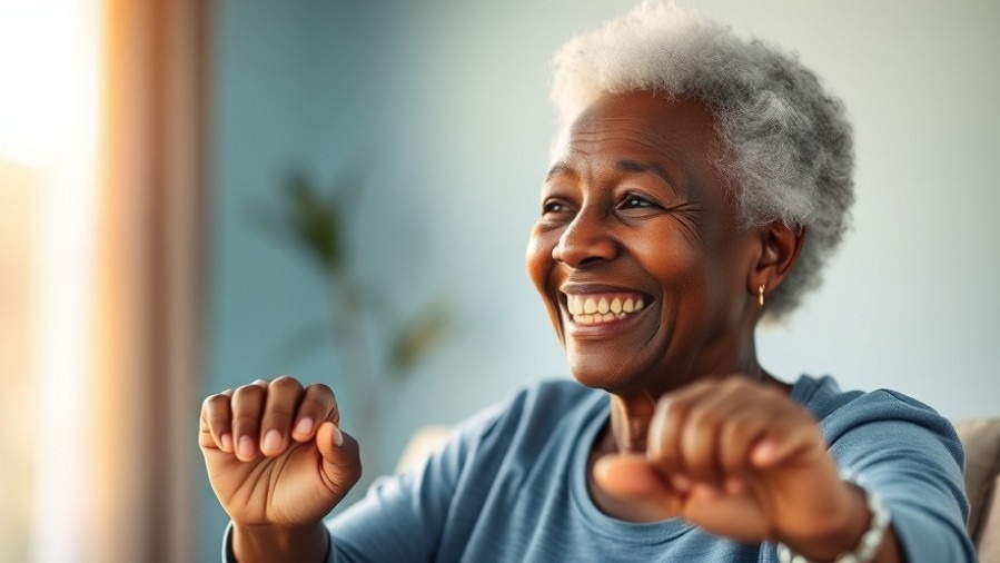 Black woman in her 60s smiling while doing light exercises at home, promoting healthy aging.