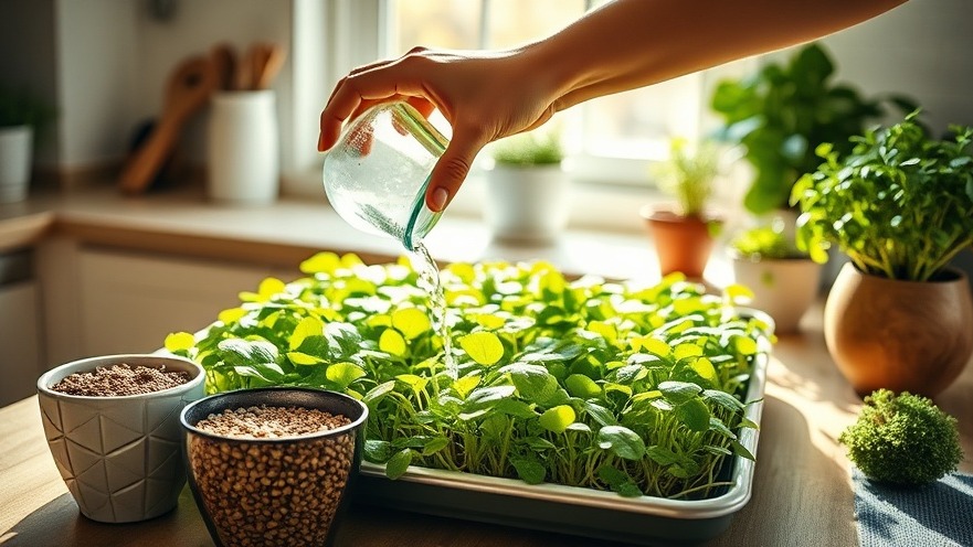 A vibrant kitchen scene of home gardening with nutrient-rich sprouts growing in sunlight.