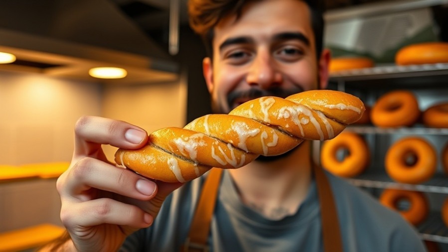 Man smiling with DIY vegan donuts in modern kitchen, showcasing healthier dessert options.