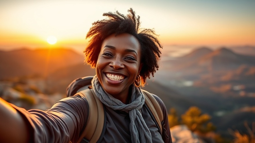 Joyful Black woman hiking at sunset, showcasing the health benefits of travel.