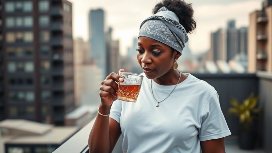 Stylish Black woman practicing self-care after 50 with tea on an urban rooftop.