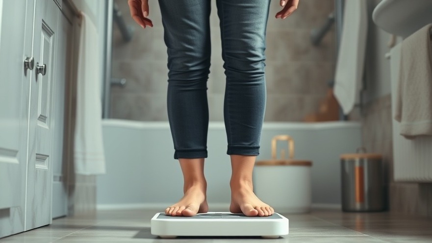 Frantic woman on a scale reflecting food addiction and scale anxiety, promoting healthy eating.