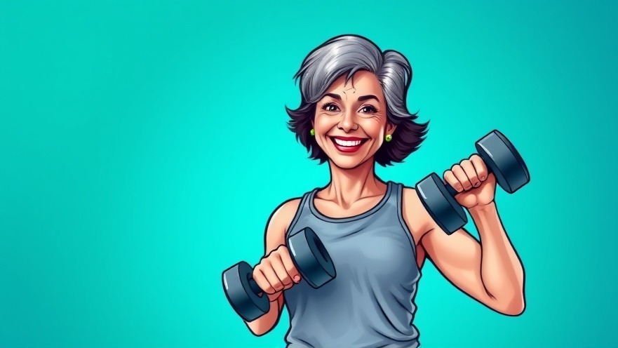 Energetic woman showcasing menopause fitness with weights, vibrant cartoon style