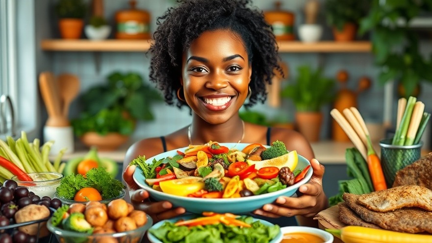 Smiling Black woman with vibrant plant-based healthy breakfast options in a sunlit kitchen.