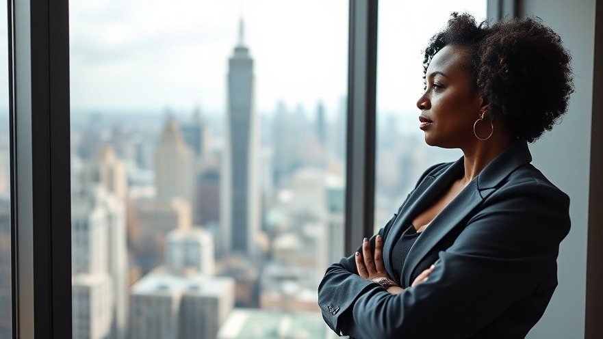 A 45-year-old Black woman embracing self-discovery by a window, enjoying the city view.