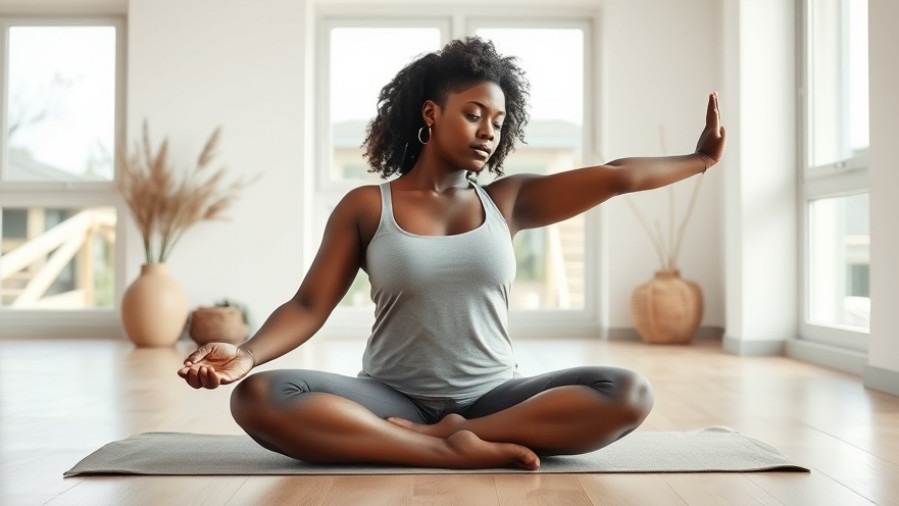 Curvy Black woman enjoying a gentle yoga routine with a side bend, promoting mindfulness.