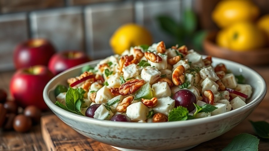 Nutritious meals: Delicious Waldorf salad with fresh fruits and nuts in a rustic kitchen.