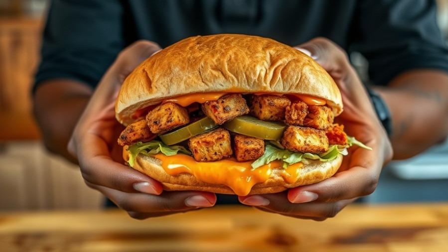 Close-up of a Nashville hot chicken alternative plant-based sandwich with crispy tofu.