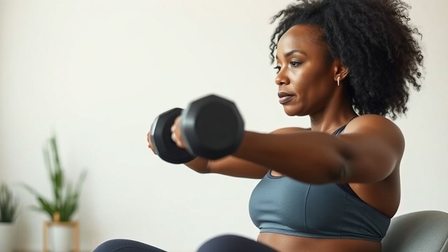 57-year-old Black woman performing strength training in activewear, emphasizing benefits of hydration.