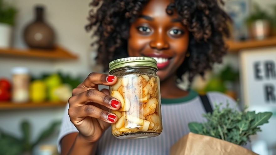 Young Black woman with organic sauerkraut, showcasing wholesome foods and nutrient-rich ingredients.