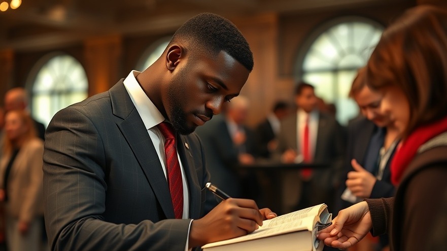 A Black man in a suit signs a book, promoting healthy living steps and nutrition for longevity.