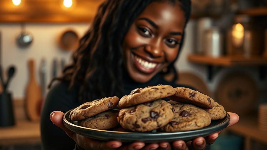 Black woman savoring warm chocolate chip cookies, highlighting cookie baking tips and healthy recipes.