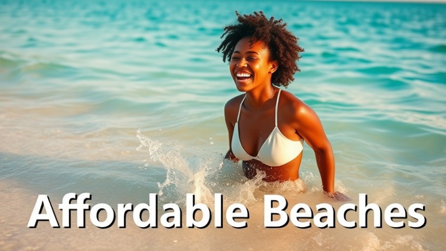 Young woman enjoying budget travel beach destinations, splashing feet in turquoise water.