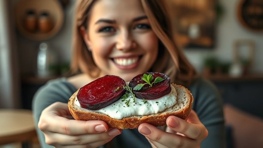Smiling young woman presents healthy eating recipe with beets and dairy-free ricotta.