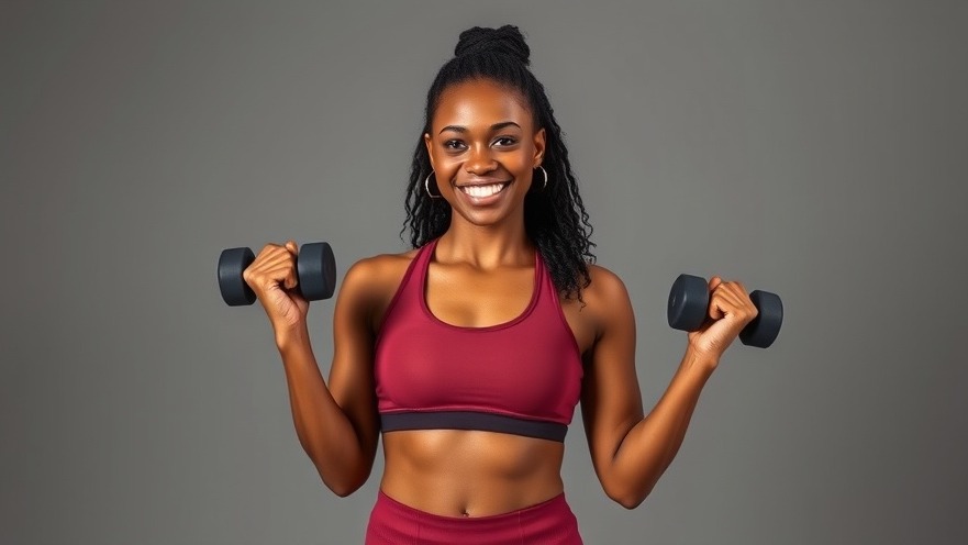 Confident African American woman ready for a full-body workout at home with dumbbells.