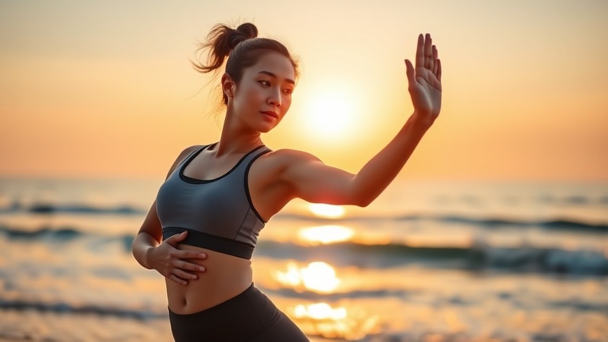 Young Asian woman stretching by the beach, promoting lymphatic health and holistic well-being.