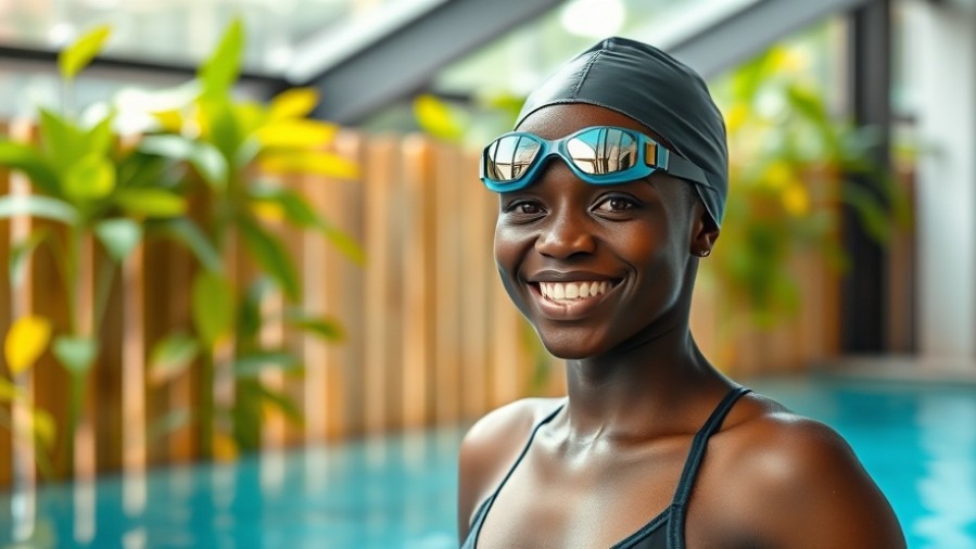 Smiling Black woman in Speedo swimsuit with reflective swimming goggles, ready to dive.