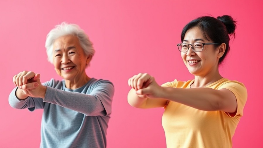 Two Asian women engaging in senior fitness arm exercises, promoting healthy aging.