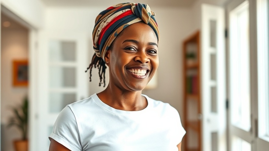 Smiling woman celebrating health after 50 in a bright, modern room.