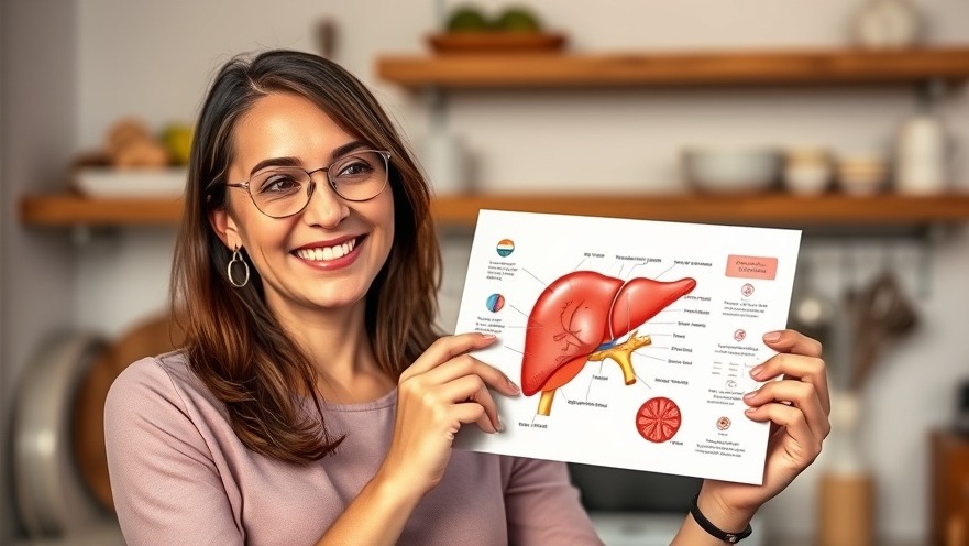 Enthusiastic woman sharing liver health tips with a detailed liver diagram in a vibrant kitchen.