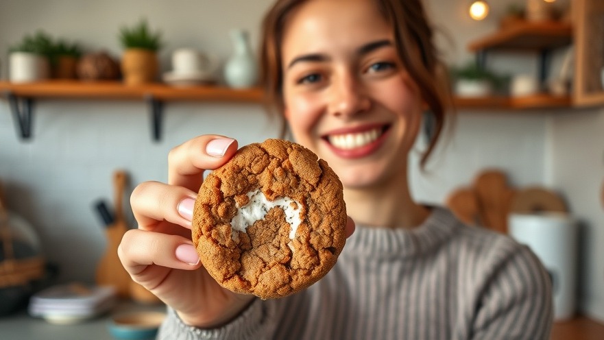 Cozy kitchen scene with a smiling person enjoying vegan marshmallow crispy cookies, perfect for sustainable cooking.