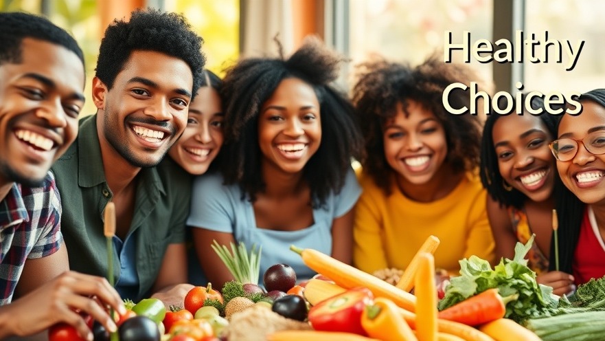Diverse group enjoying healthy eating with vibrant fruits and vegetables outdoors.