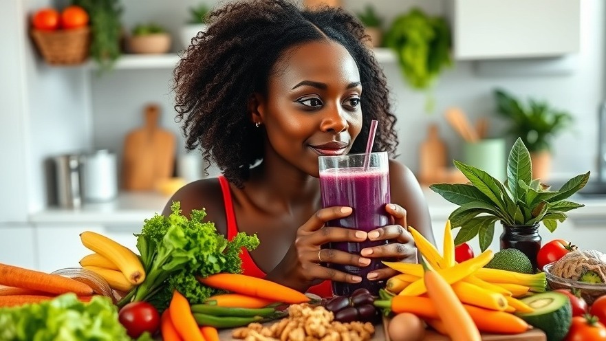 Healthy eating tips with plant-based meals and a woman enjoying a smoothie.