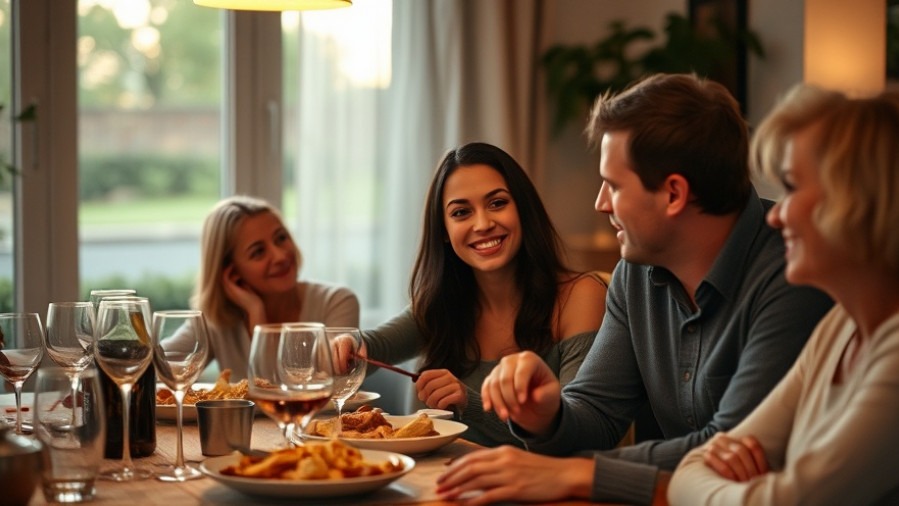 Serene family bonding over a mindful dinner, sharing emotional connections in warm evening light.