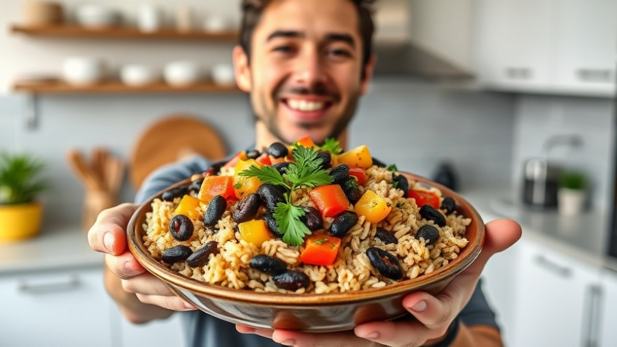 Young man proudly showcasing a colorful, healthy meal of black beans and rice, emphasizing nutritional benefits.