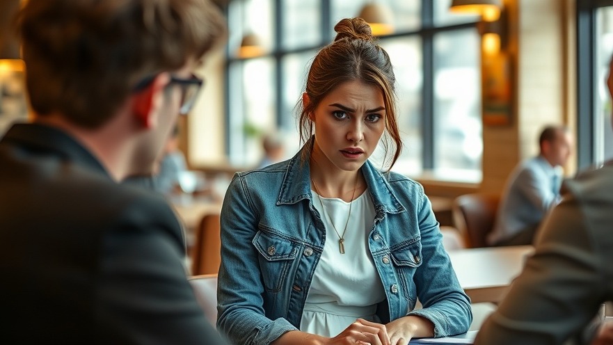 Frustrated young woman with hormonal changes and mood seated in a restaurant.