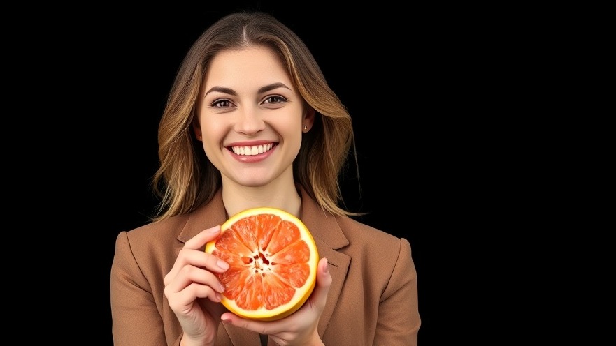 Smiling woman with grapefruit promoting flu-fighting foods for a healthy immune system.