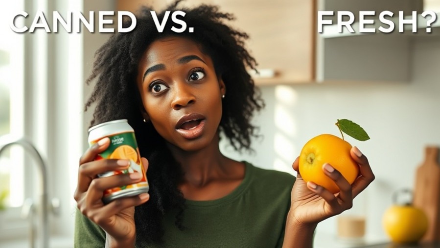 Surprised woman comparing canned foods and fresh produce, exploring nutritional benefits.