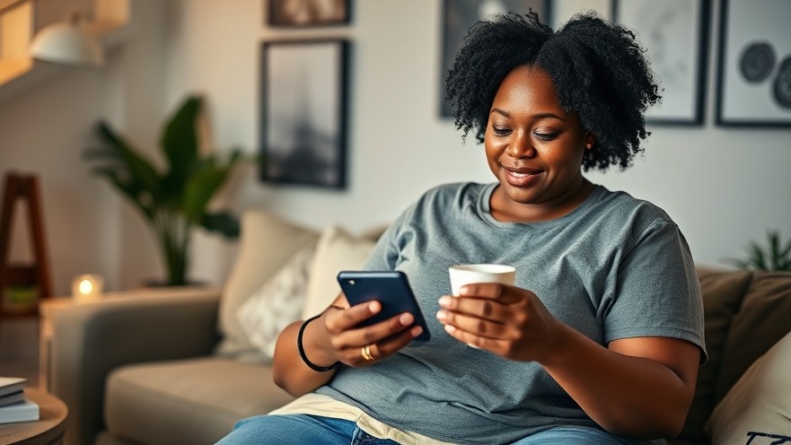 Confident young Black woman embracing a fitness journey, engaged with a weight loss video.