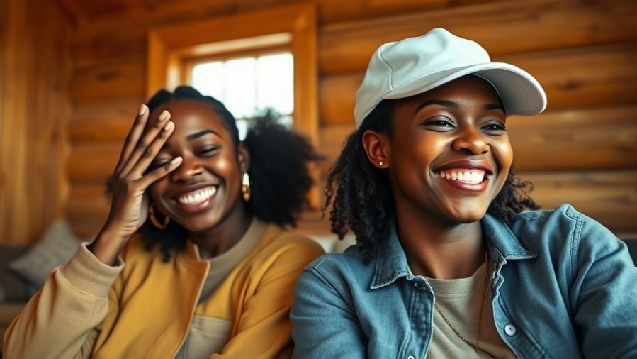 Two joyful Black women enjoying nature retreats, relaxing in a cozy wooden cabin.