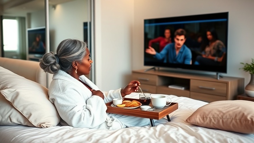 A Black woman enjoying mindful planning and well-being while relaxing and watching a movie.
