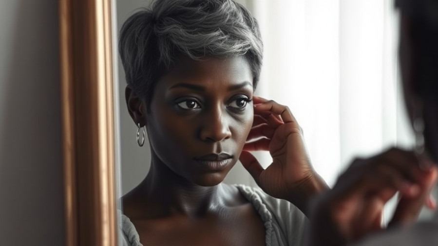 A reflective moment of a 44ish Black woman promoting healthy relationships and emotional safety.