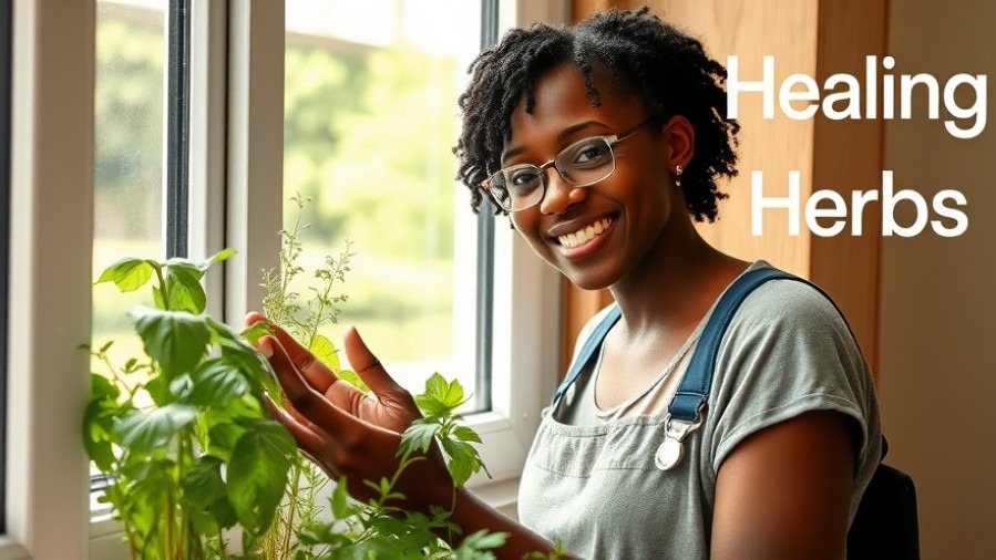 Smiling young Black woman tending vibrant herbal garden, embodying holistic health and natural remedies.