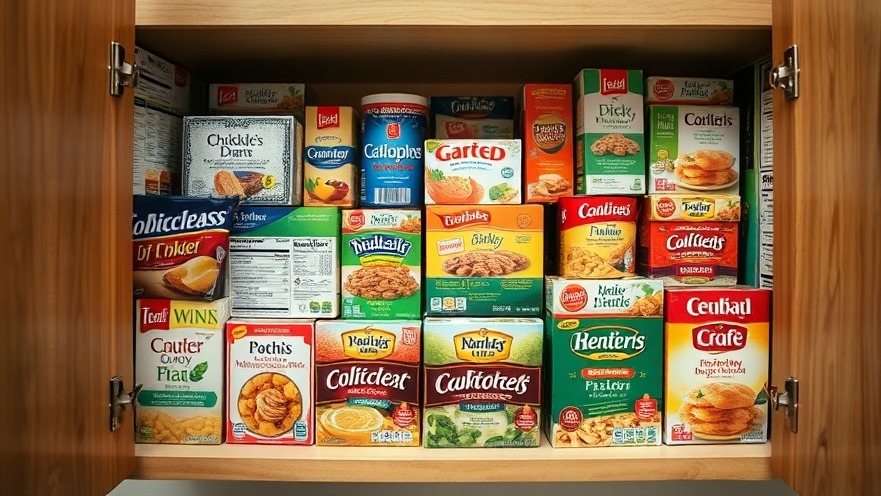 Kitchen cabinet filled with various ultra-processed food packages.