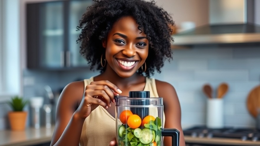 Smiling Black woman blending fresh veggies for healthy juice recipes in a modern kitchen.